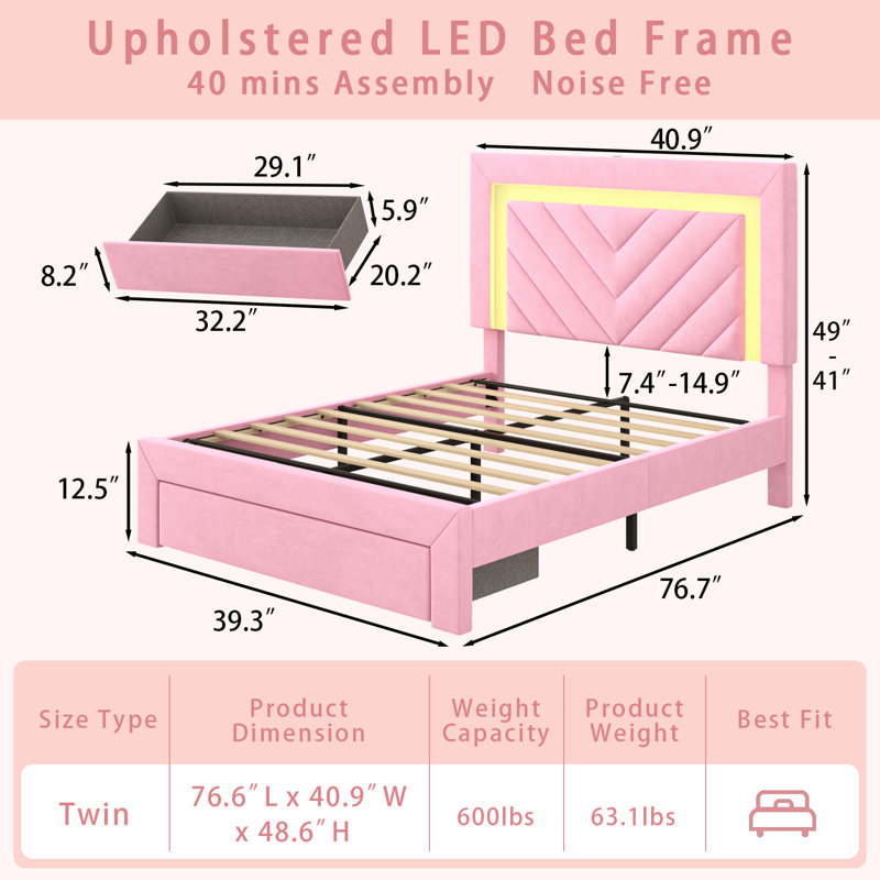 Upholstered Twin Size Bed Frame With Adjustable Charged LED Headboard And Storage Drawers, Pink, Twin, Pink