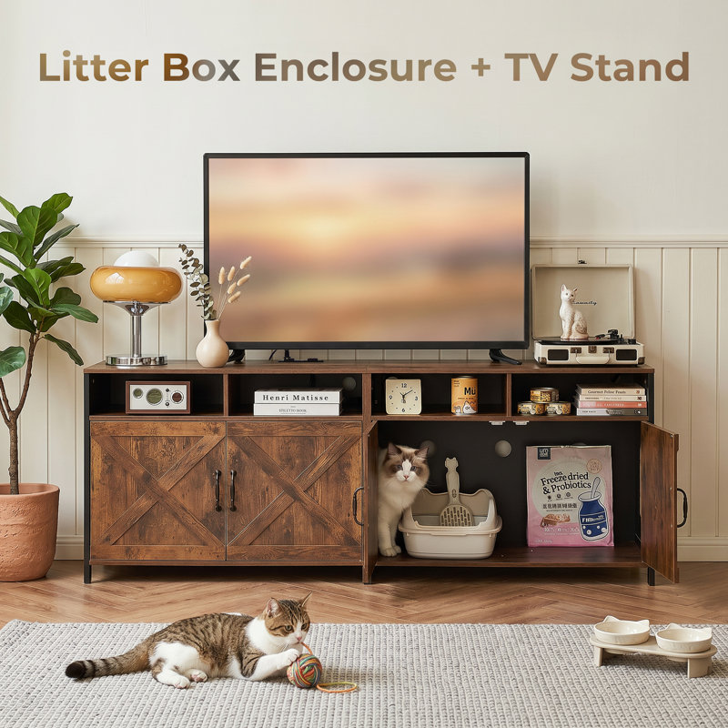 Farmhouse Cat Litter Box Enclosure TV Stand for 2 Cats, 63" Large Hidden Litter Box Cabinet with Power Outlet, Double Compartments, Storage Shelves & Rustic Furniture Design