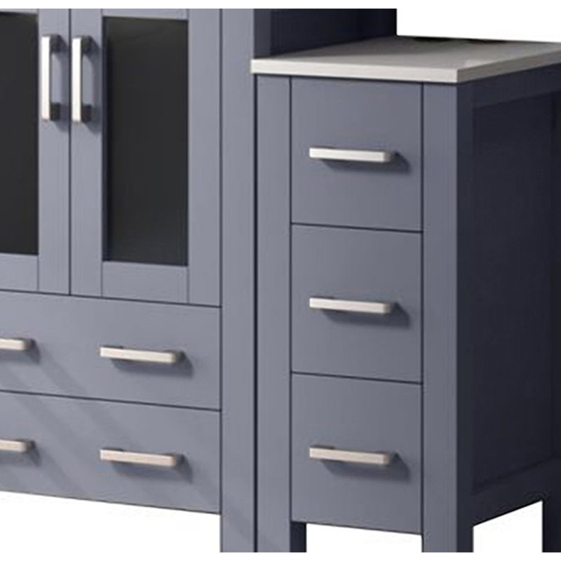 36 po Large meuble-lavabo gris foncé avec armoire coulissante latérale, robinet, comptoir en céramique blanche et 22 robinets décoratifs pour salle de bain à miroir, surface, mur