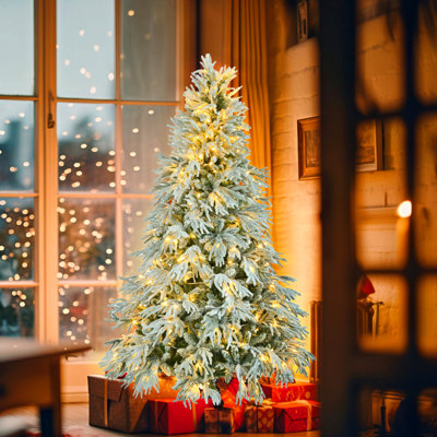 Arbre de Noël enneigé en épinette pré-éclairé, arbre de Noël articulé artificiel avec 300 lumières DEL multicolores, 8 modes de clignotement, décoration de bureau de vacances