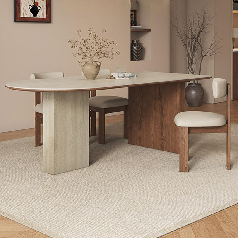 Beige-blanc + brun demi-cercle fritté pierre + solide + table de salle à manger en bois manufacturé