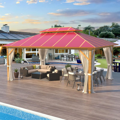 12'x16' Hardtop Gazebo With Aluminum Double Roof & Wood Grain Frame, Claret Outdoor Metal Pavilion With Curtains And Netting For Patio And Garden