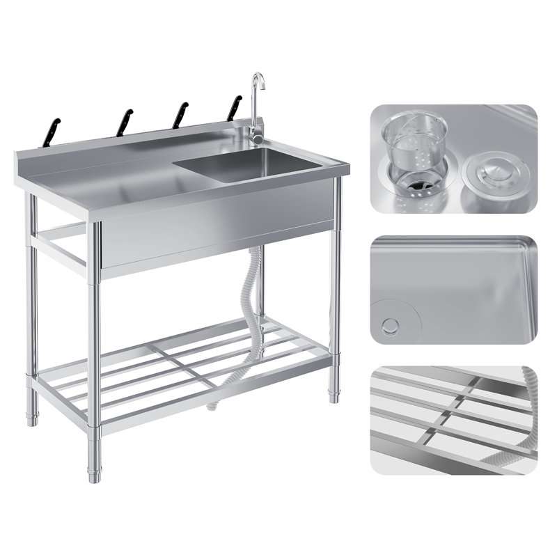 Stainless Steel Free Standing Utility Basin – Single Bowl, Hot & Cold Water Pipes, Workbench – Perfect for Kitchen, Laundry, Outdoor, Commercial – 39x20x37in