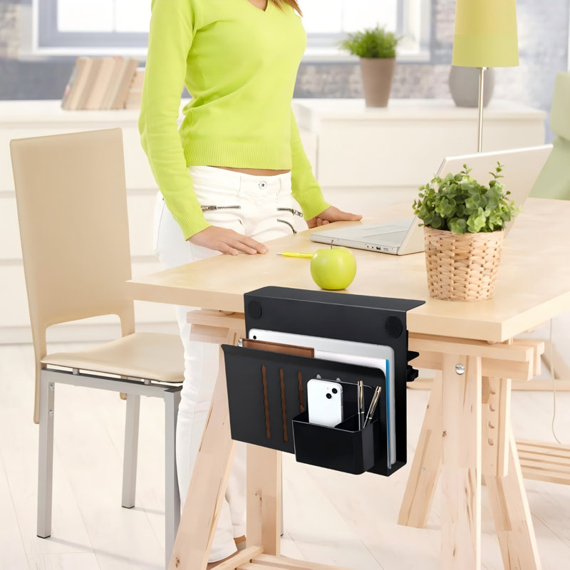 Rangement latéral pour bureau, organisateur de bureau latéral en acier, support pour ordinateur portable sans perceuse, fixation pour ordinateur portable à pince avec porte-stylo, rangement suspendu pour bureau à domicile, convient aux tables à rebords plats de 0,3 po à 2,8 po