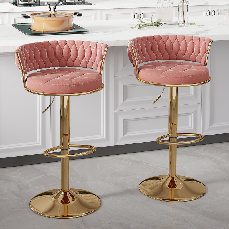 George Set of 2 Bar Stools with Woven Velvet Upholstered Backrest, Height Adjustable Counter Stools, Swivel Kitchen Stools for Kitchen Island, Bar, Pink