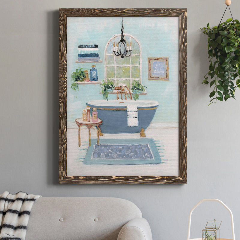 «Blue Bath I», peinture sur toile encadrée, H 24 po x l 18 po x P 1,5 po, Noyer