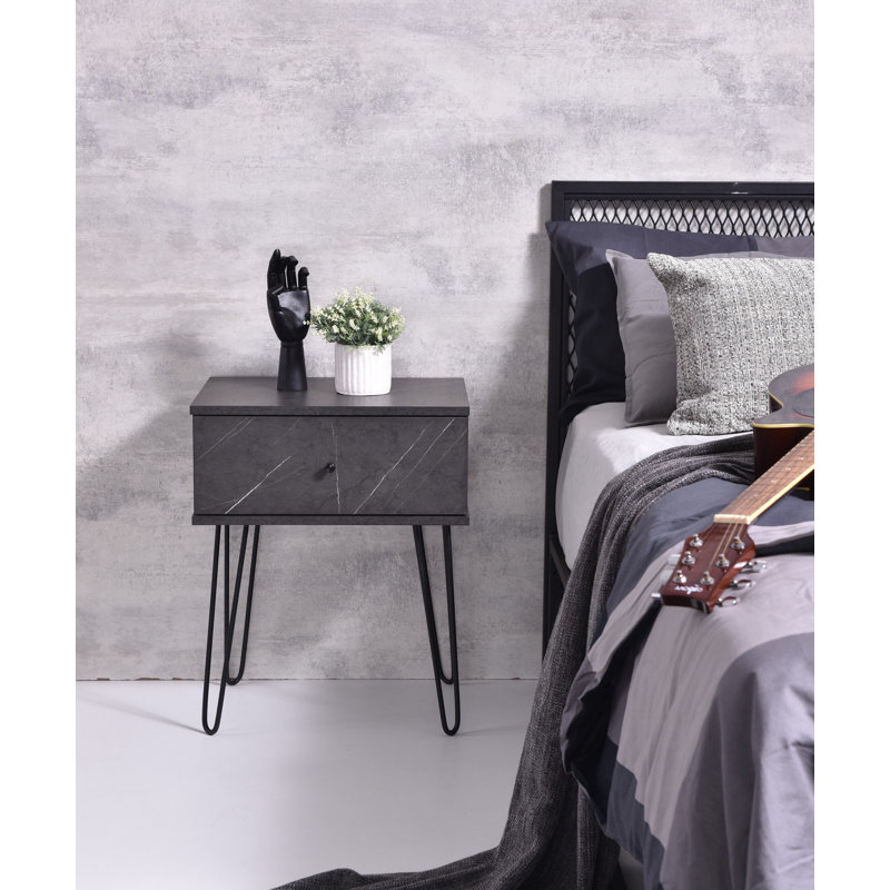 Muir 50.2cm W Particle Board / Chipboard Bedside Table, Grey Stone