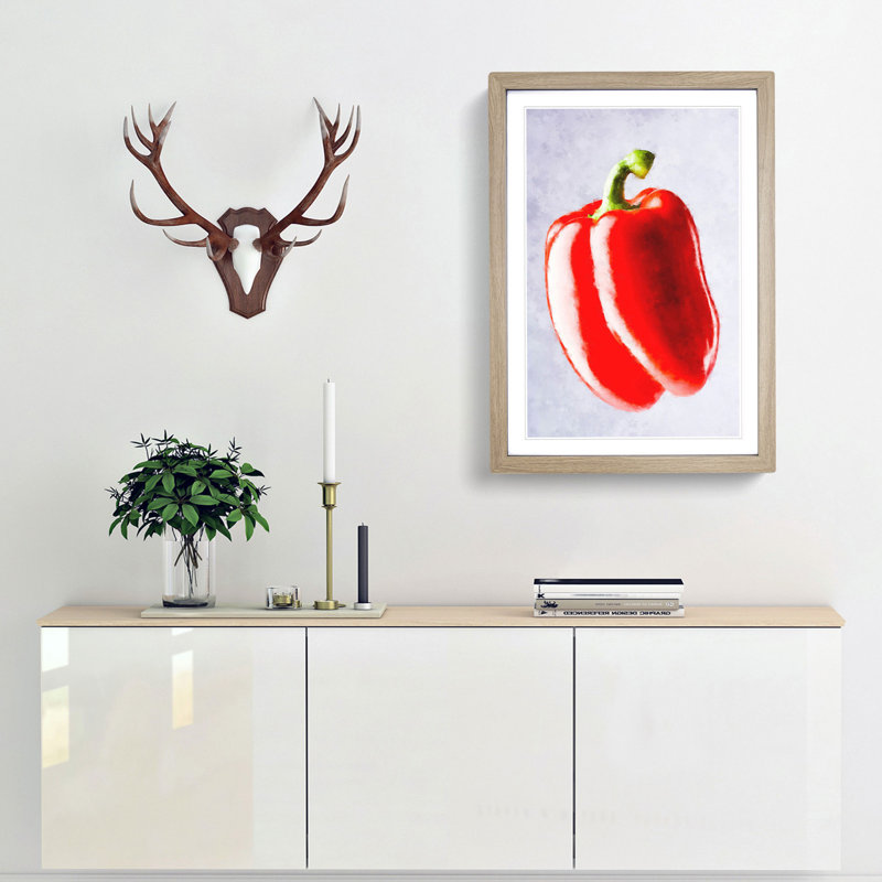 Lone Red Bell Pepper - Framed Print, Oak Framed, 63cm H x 45cm W x 2cm D