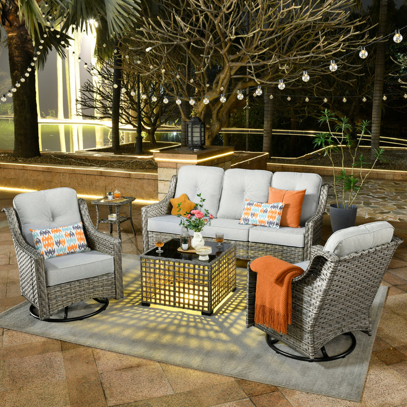 Emanuell 5 - Person  Patio Conversation Sets, Premium All-Weather Wicker Patio Sofa Set with Cushions, Tangerine Red