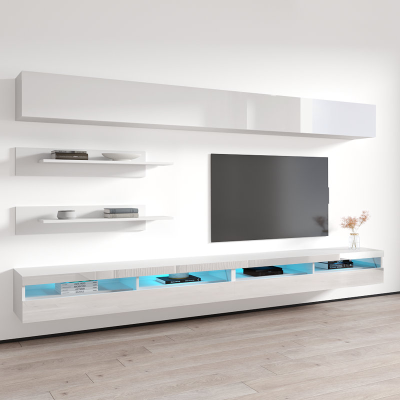 Bellago 126" Modern Floating Wall Mounted Entertainment Center with 16-Color LED Lighting, High Gloss Finish, White