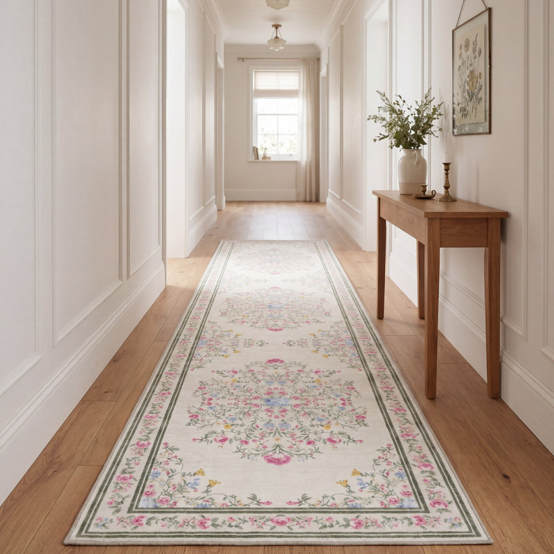 Laura Ashley Washable Printed Velvet Rug, Ivory, 2'2" x 8'