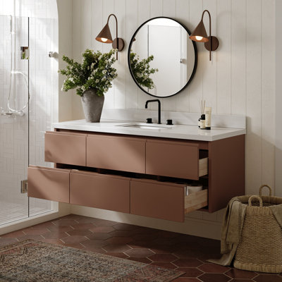   Setsuko 61 Inch Wall-Mounted Single Rectangle Sink Bathroom Vanity with Pure White Quartz Countertop 1.5 Inch in Mocha