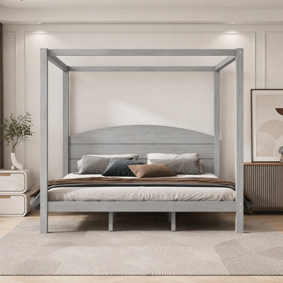 King Size Canopy Platform Bed With Headboard And Support Legs, Grey Wash