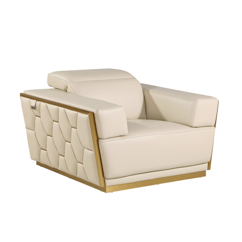Hadice Top Grain Italian Leather Chair, Beige Genuine Leather, Gold