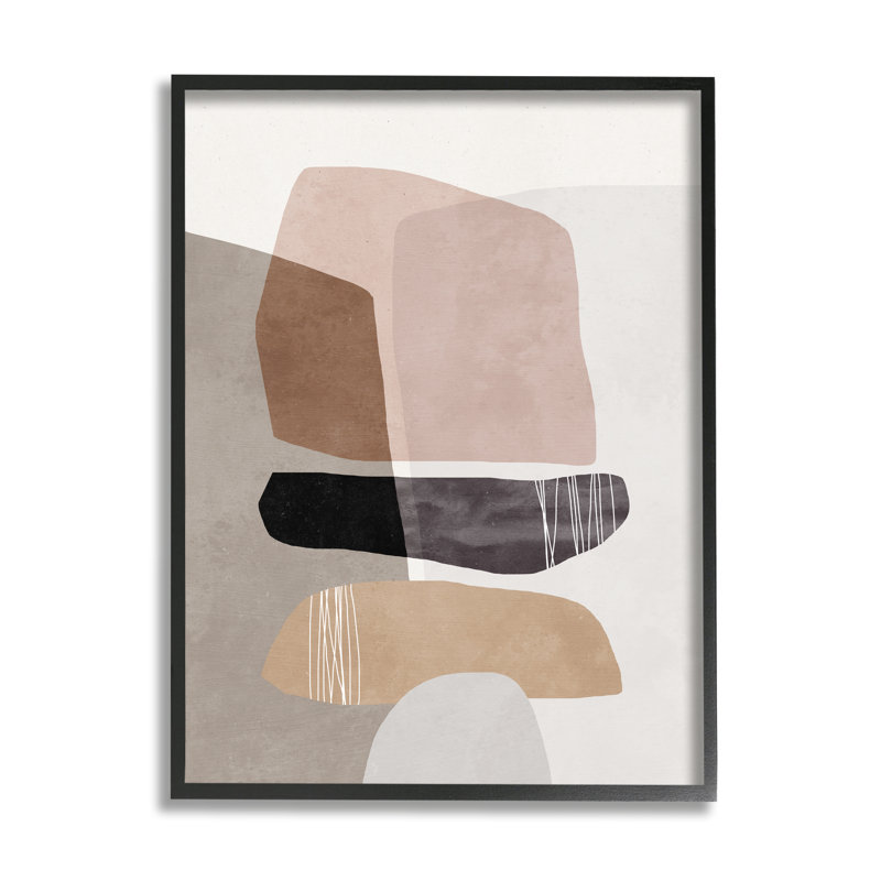 Sculpture abstraite aztèque en pierre empilant des formes superposées, H 16 po x l 20 po, Giclée encadrée noir minuit