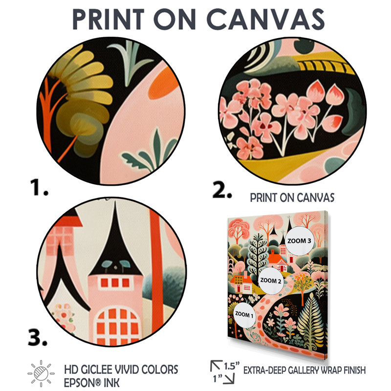 Flowerful Path To Retro Church Illustration - Church Wall Art Living Room, Toile avec cadre flottant noir