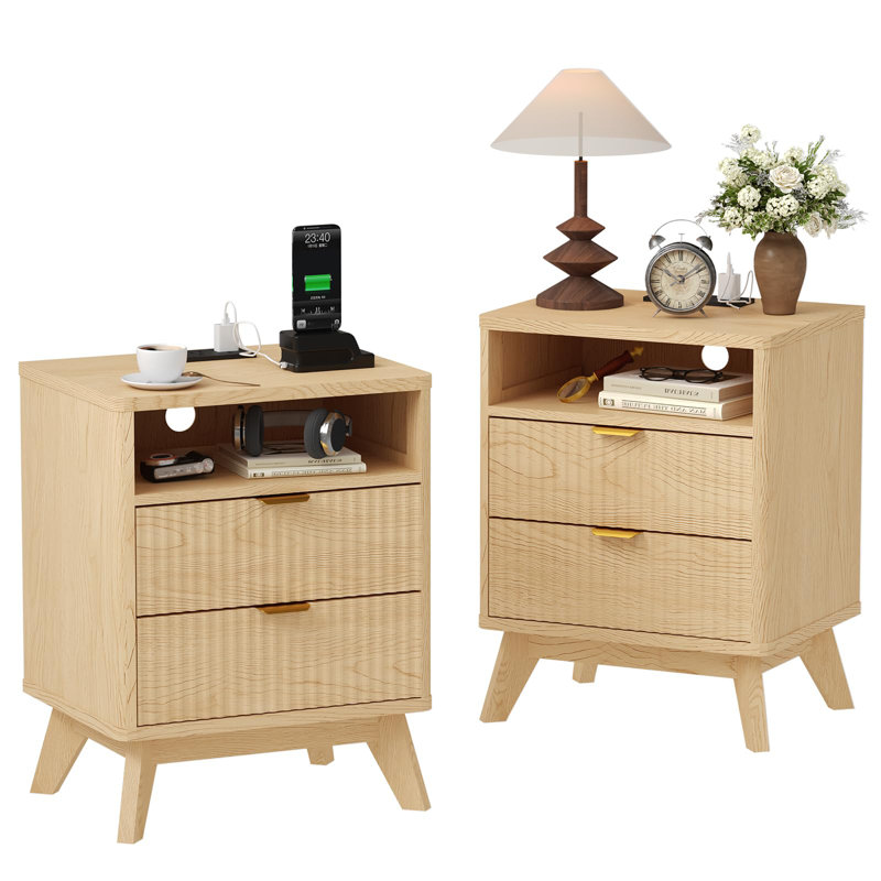 Modern Fluted Bedside Table with USB Charging Station & Power Outlets – 2 Drawers & Open Shelf – Sturdy Wood Feet – Bedside Table for Bedroom, Living Room, Office – Walnut Colour