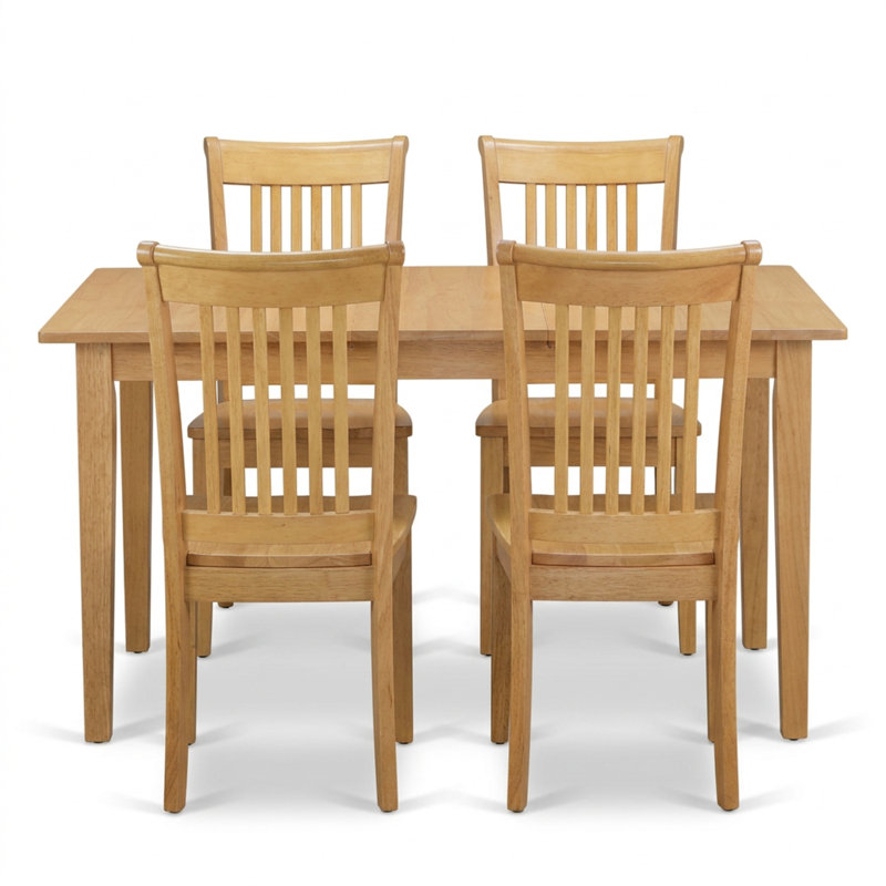 Ensemble de salle à manger 5 pièces en chêne et hévéa asiatique : table rectangulaire à rallonge papillon, 4 chaises à dossier à lattes et assises en bois.