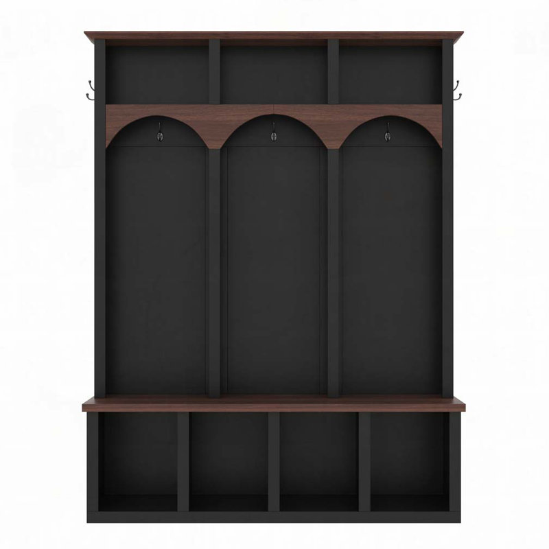 Arched Design Wooden Hall Tree with Storage Bench with 5 Black Hooks, Black