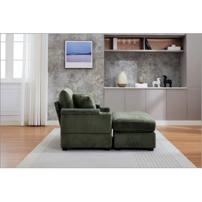 Canapé rembourré en velours côtelé avec rangement main courante, repose-pieds mobile, porte-gobelets et coussins amovibles pour plus de confort et de commodité