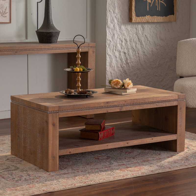 Table basse rectangulaire à 2 niveaux en bois massif 47,2 po avec rangement