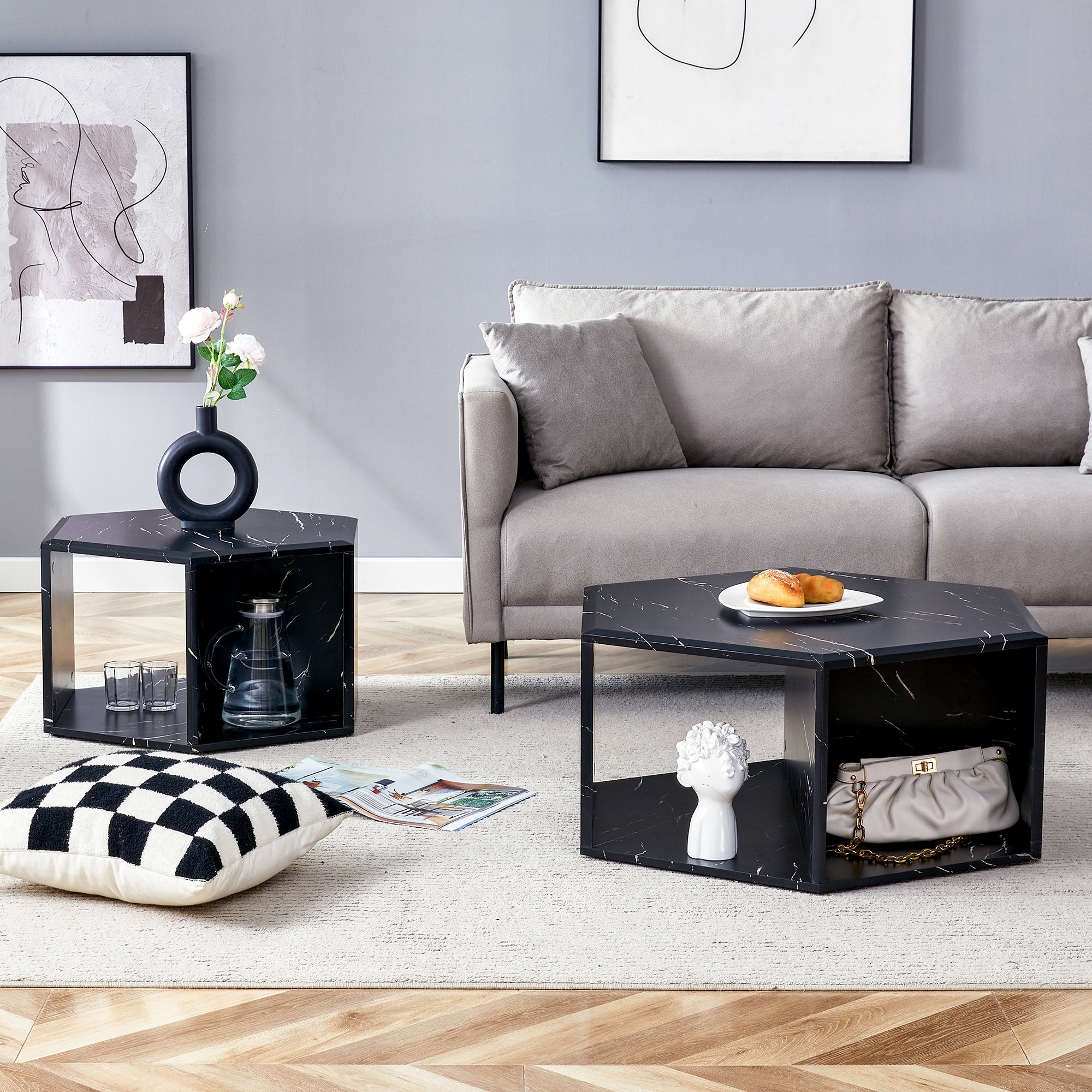 Ivy Bronx Minimalist White Patterns Hexagonal Coffee Table Set ...