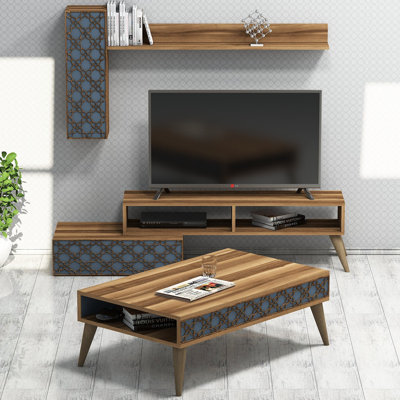 Ensemble de mobilier de salon moderne, 3 pièces - Noyer et calcédoine | Meuble télé (59,1 x 14,6 x 15,0 po), tablette murale (55,1 x 8,7 x 27,6 po), table basse (41,3 x 23,6 x 14,6 po) | Panneau de particules enduit 100% mélamine, design élégant et fonctionnel