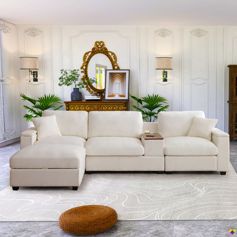 Loette 120.3" Configurable Sectional Sofa, USB Ports, Cup Holder, 360°Rotate Tabletop, Console Box & Armrests