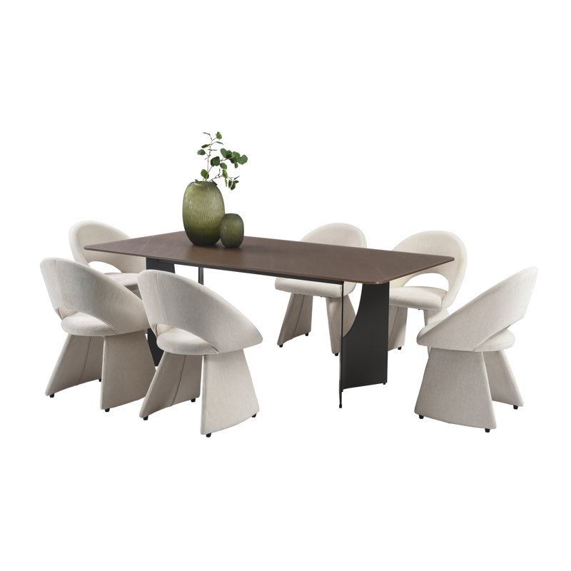 Ensemble de salle à manger moderne 7 pièces avec plateau en verre trempé et chaises rembourrées Arechiga, Brun, Beige