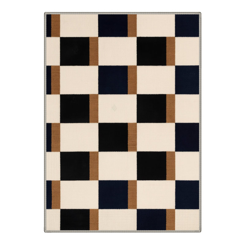 Liadan Monochrome Checkered Machine Washable Biege / Brown / Black Indoor Area Rug with Non-Slip Backing, Rectangle 9' x 12'