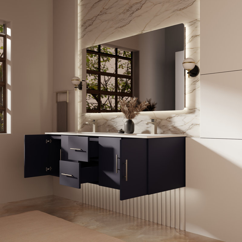 Ensemble de meuble-lavabo double mural 60 "avec miroir Geneva, Marine, Quartz blanc