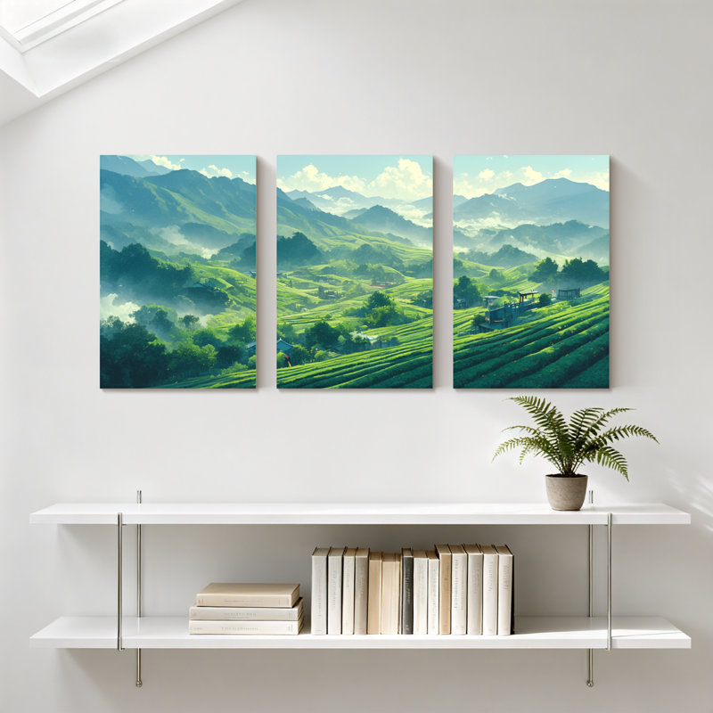 «Landscape & Nature Mountain Landscape with Green Fields and Misty Vallées», ensemble de 3 impressions sur toile
