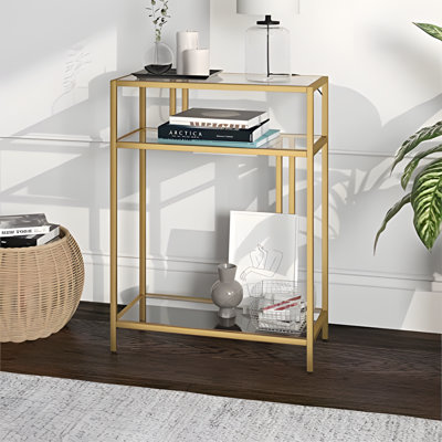 Modern Rectangular Console Table With Tempered Glass Shelves And Steel Frame, Entryway Accent Table For Living Room Or Hallway