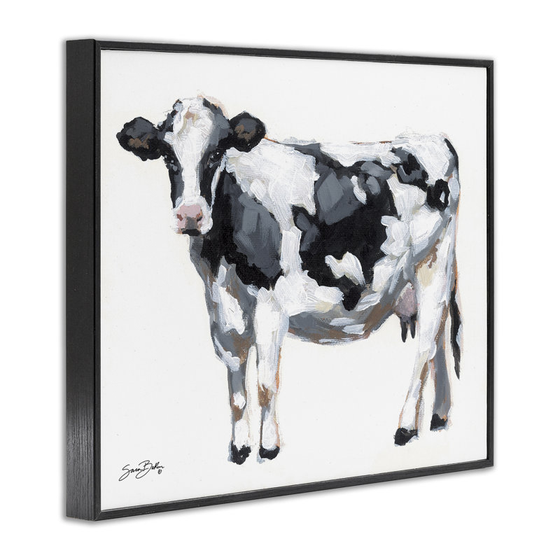 Vache laitière sur estampe blanche encadrée, design par Sara Baker, H 11 po x l 14 po, Giclée encadrée noir minuit