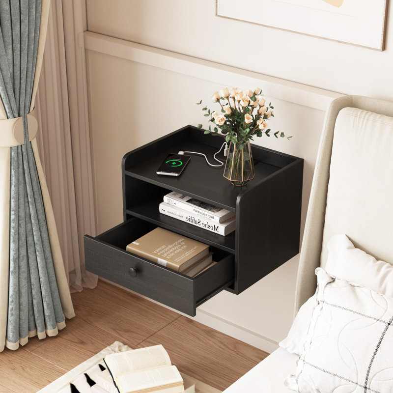 Floating Nightstand Set Of 2 Modern Night Stands With Drawer, Black