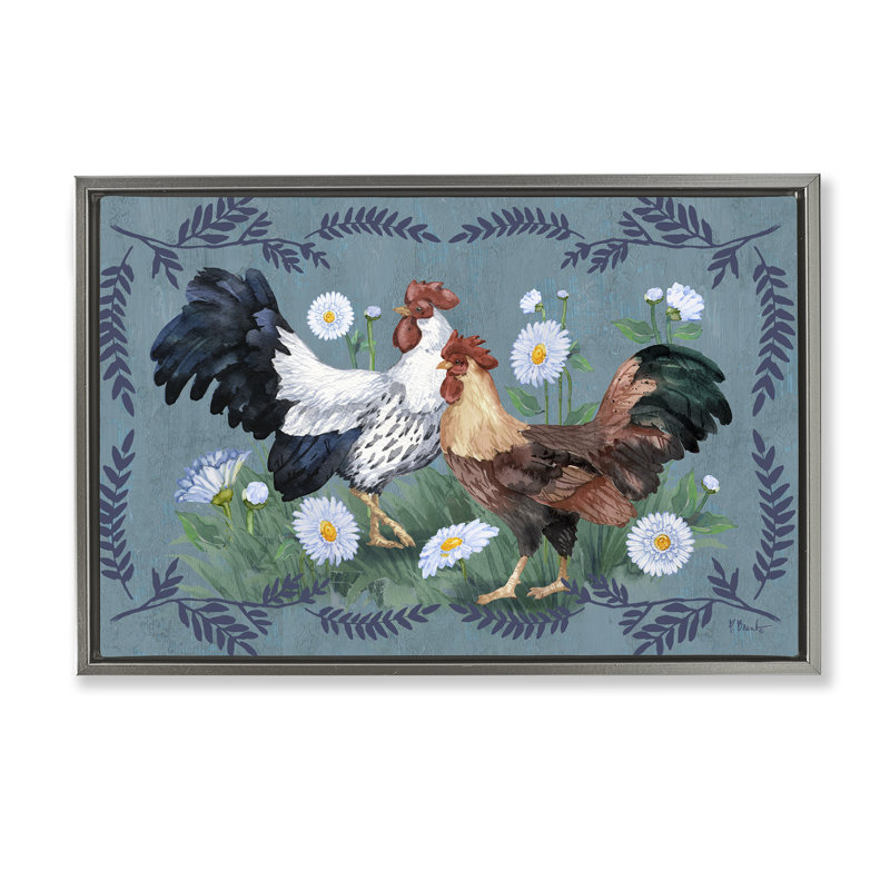 Toile flottante encadrée «Roosters with Fern» par Paul Brent, Cadre flottant gris lustré, H 17 po x l 25 po