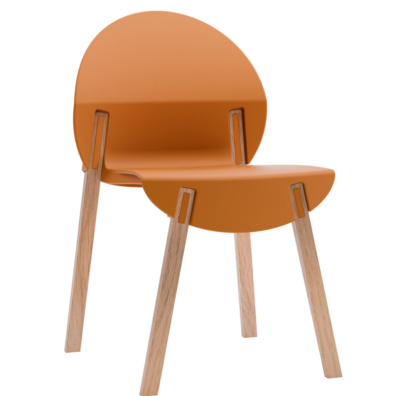 4 chaises d'intérieur tropicales orange avec des pieds en chêne rouge et un siège en polypropylène, une construction résistante aux égratignures, un grain de bois naturel massif, des joints renforcés pour un soutien lourd, des coussinets souples de
