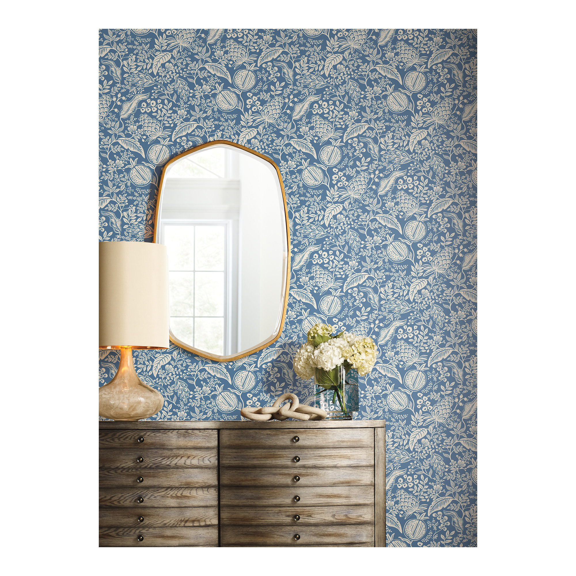 Pomegranate White Peel and Stick Wallpaper, Blue