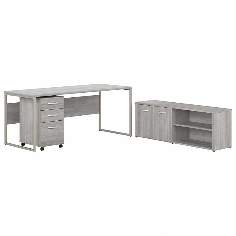 Bureau d'ordinateur hybride 72W x 30D avec rangement et classeur mobile, Gris platine