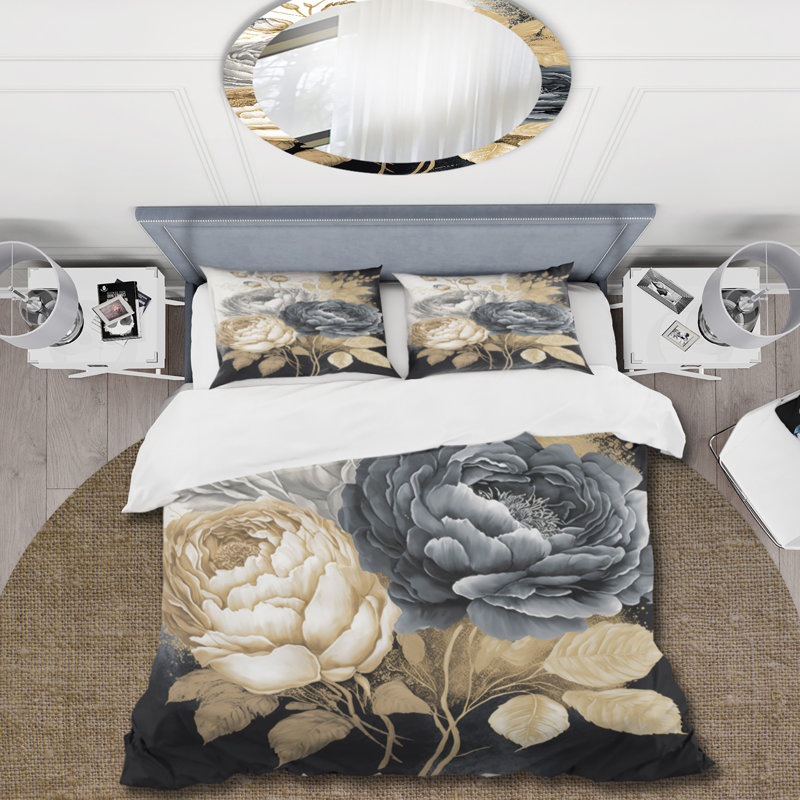 Ensemble de housse de couette floral rose, blanc, doré et noir II - rose, Housse de couette pour grand lit et 2 taies décor