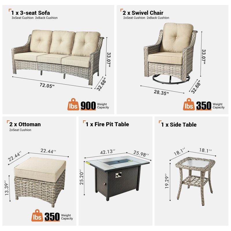 Emanuell 5 - Person All-Weather Wicker Outdoor Set with Swivel Chairs, Cushions Included, Beige