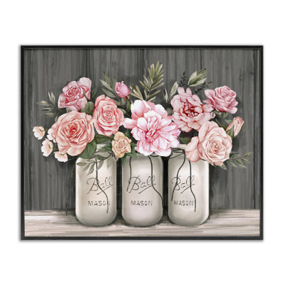 Bouquets de roses roses en fleurs, pots rustiques - peinture