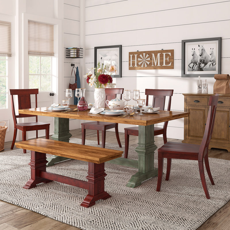 Ensemble de salle à manger à dessus en bois de chêne massif 78 "avec chaises à dossier Fortville - 7 pièces, table de base sauge antique, chaises et banc de base rouge antique