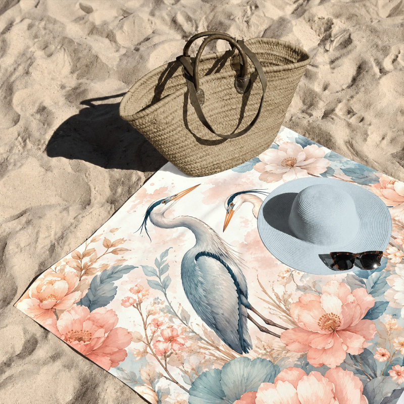 1PCS Elegant Heron and Floral Beach Towel, Art Design Microfiber Quick Dry for, Swimming, Traveling, Camping, Featuring Delicate Botanical