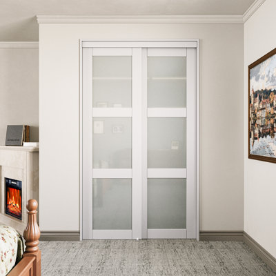 80"H Full Assembled 3-Lite Frosted Sliding Closet Doors In White With Hardware Kit & Handles