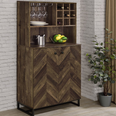 Armoire à vin en chêne rustique à 2 portes, motif à chevrons classique, support intégré pour 9 bouteilles et armoire de salle à manger à pieds industriels en chêne, 2 portes, porte avant, porte-verres à pied, bronze industriel