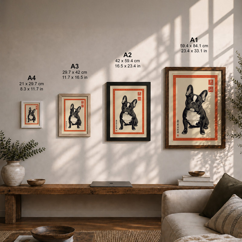 Bulldog Portrait Japandi - Framed Print, Unframed, A1 - 84.1 x 59.4 cm