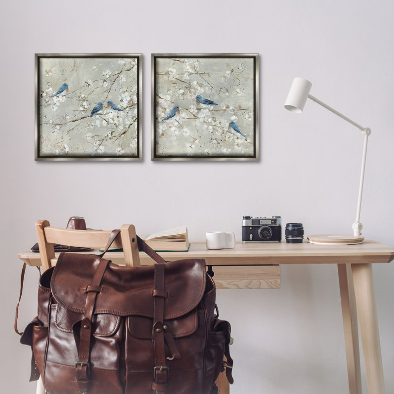 Ensemble de 2 toiles flottantes Blue Birds, H 18 po x l 18 po, Cadre flottant gris lustré