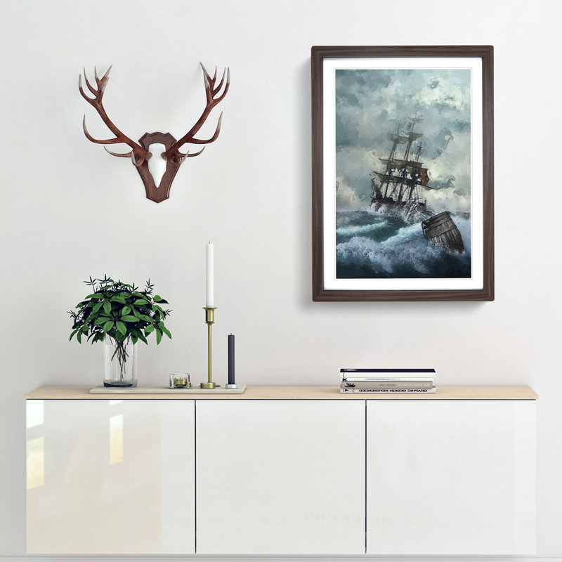 Pirate Ship upon a Stormy Sea - Framed Print, 91cm H x 60cm W x 2cm D, Walnut