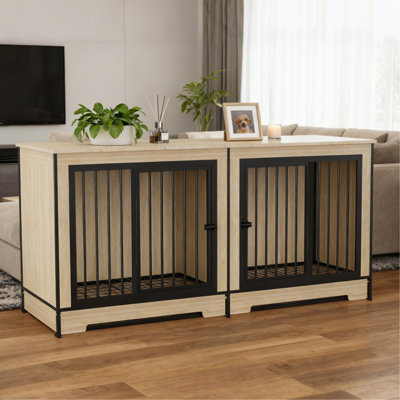 Mobilier de cage pour chien avec deux pièces combinées, très grand meuble double cage pour chien avec plateau pour chiens de taille moyenne et grand, chenil en bois pour chien